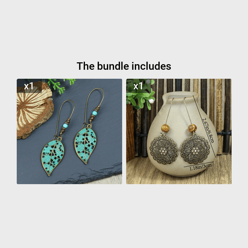 Retro Style Antique Bronze Smeared Blue Leaf Hollow Pendant Large Ear Hook Women's Earrings