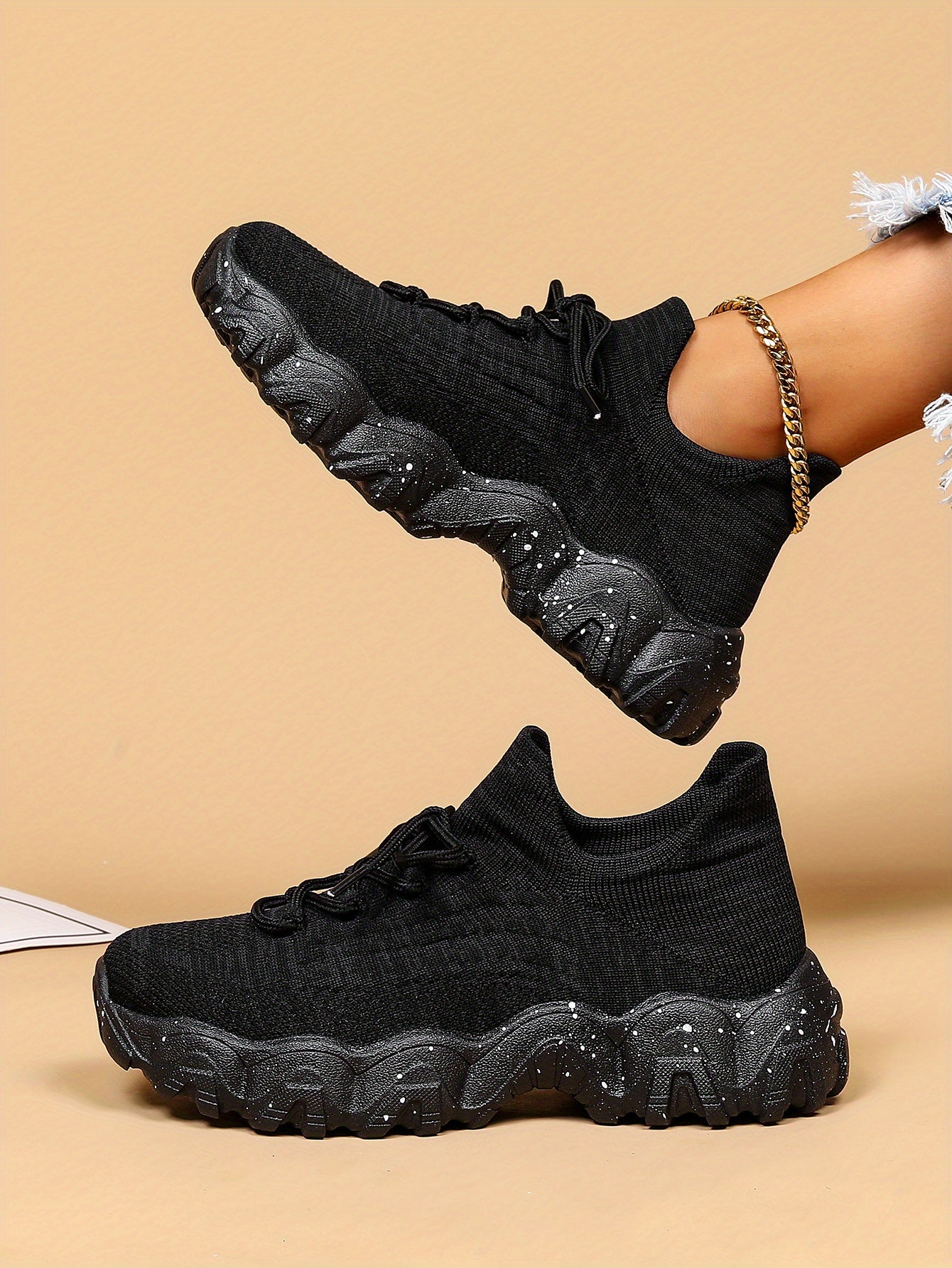 [Breathable Fabric Women's Socks Sneakers] Women's Breathable Fabric Socks Sneakers, Flying Woven Lace-Up Chunky Sneakers, Elastic Running Shoes