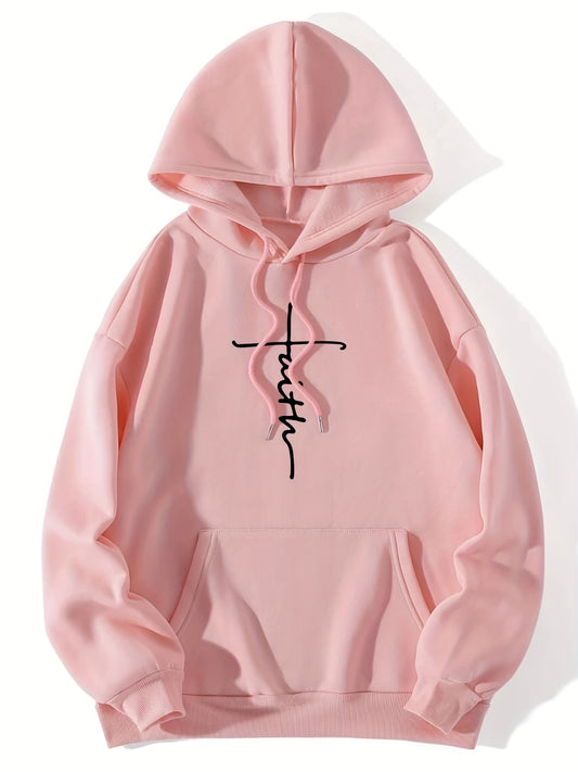 Women's Cozy Thermal Pullover Hoodie - Stylish Alphabetic Print, Kangaroo Pocket, Drawstring, Pleated Hem, Fall/Winter Casual Wear