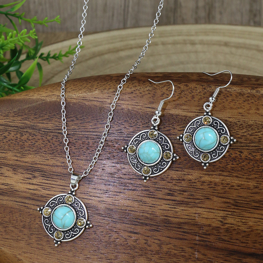 1 Pair Earrings/1 Pair Earrings+1pc Necklace, Retro Ethnic Style Women's Jewelry Set Round Antique Silvery Pendant Geometric Totem Inlaid With Simulated Green Rhinestones Embellished Earrings And Necklace Set