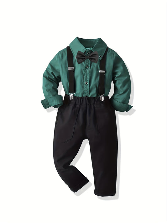 Toddler Boy's Gentleman Outfit 2pcs, Bowtie Decor Shirt & Overalls Set, Kid's Clothes For Speech Performance Birthday Party, Daily & Outdoor Wear