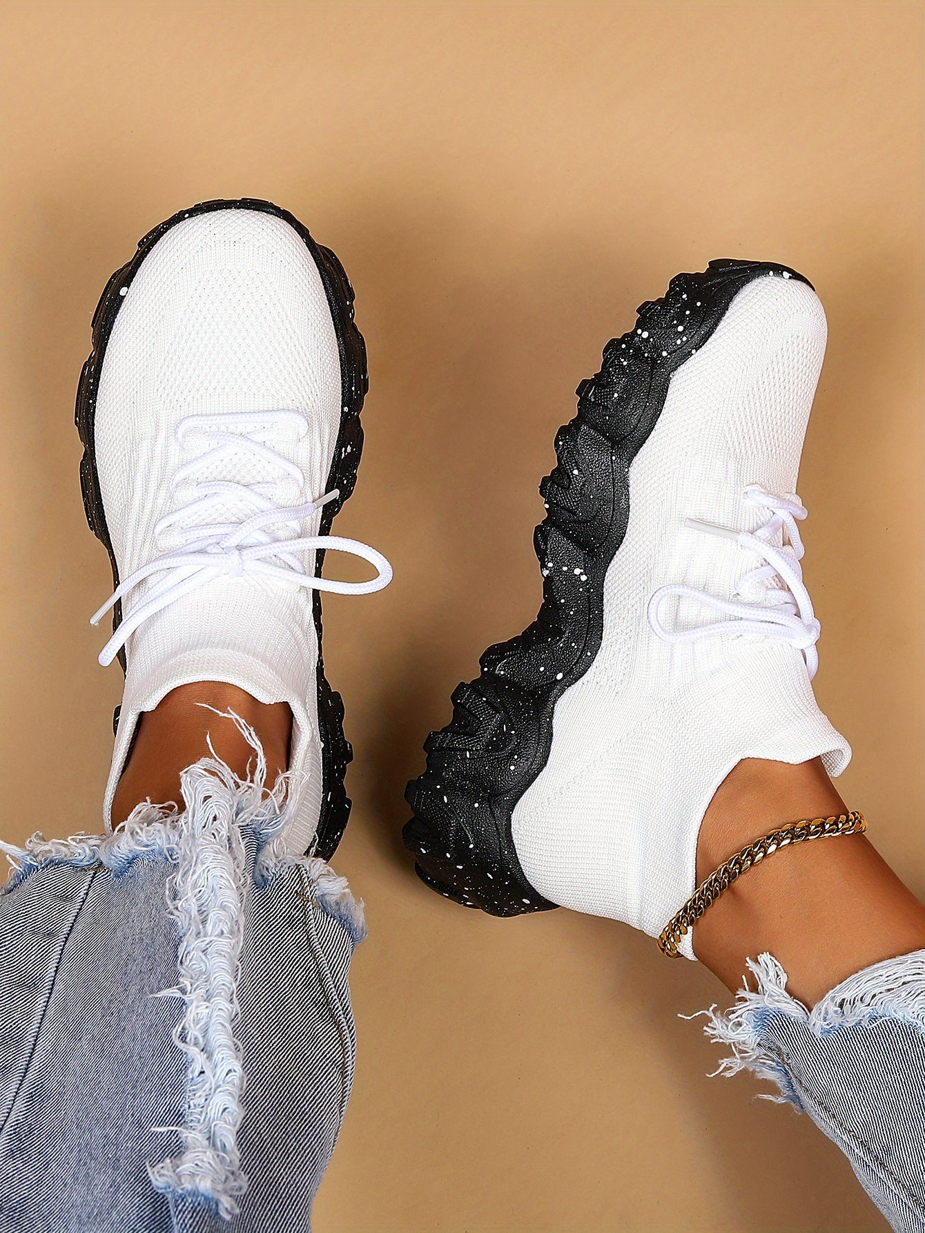 [Breathable Fabric Women's Socks Sneakers] Women's Breathable Fabric Socks Sneakers, Flying Woven Lace-Up Chunky Sneakers, Elastic Running Shoes