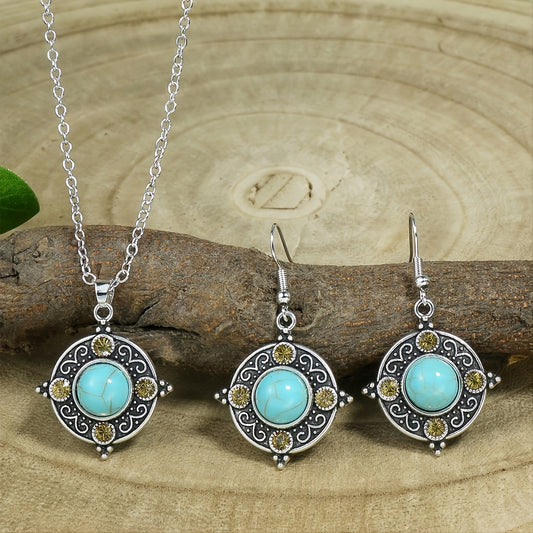 1 Pair Earrings/1 Pair Earrings+1pc Necklace, Retro Ethnic Style Women's Jewelry Set Round Antique Silvery Pendant Geometric Totem Inlaid With Simulated Green Rhinestones Embellished Earrings And Necklace Set