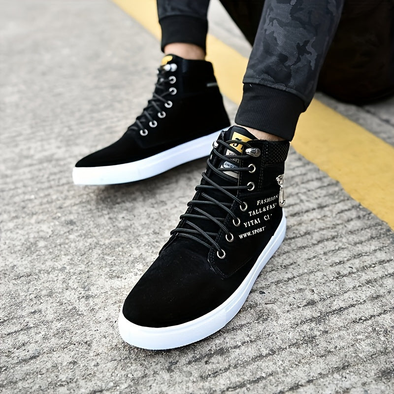 Mens British Style Canvas High-top Sneakers - Lace-up Closure, Casual All-Match, Trendy Design with Decorative Zippers