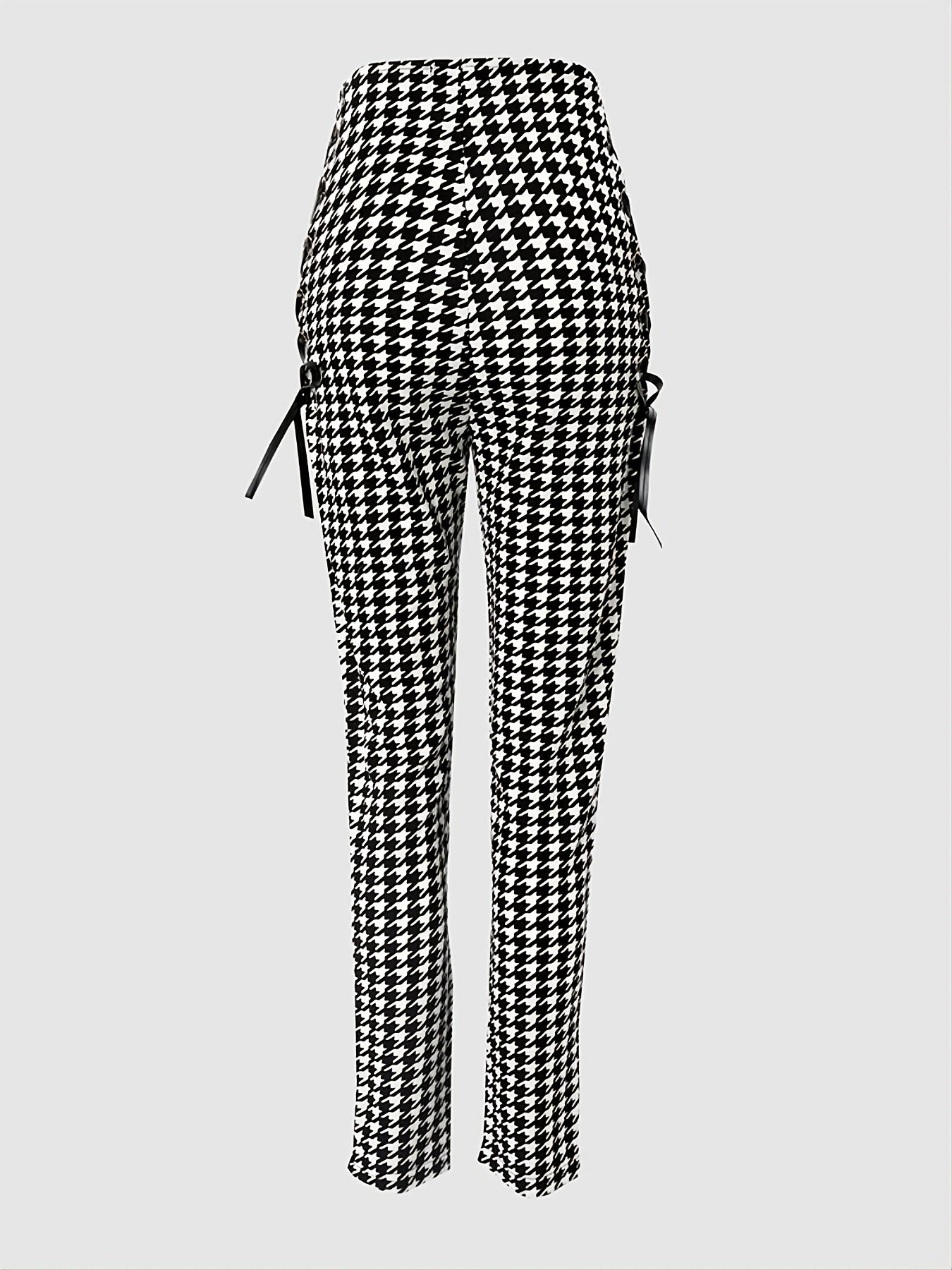 Houndstooth Skinny Leggings Pants, Side Lace Up High Waist Stretchy Pants, Casual Every Day Pants, Women's Clothing