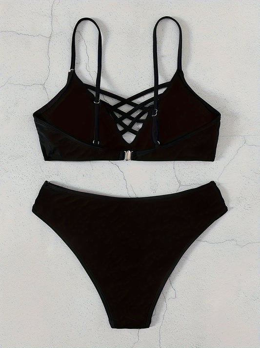 Chic Black Hollow Out Bikini Set - Flattering Criss Cross Front, Adjustable Spaghetti Straps, High Waist Buckled Design - 2 Pieces Womens Swimwear for Beach & Pool