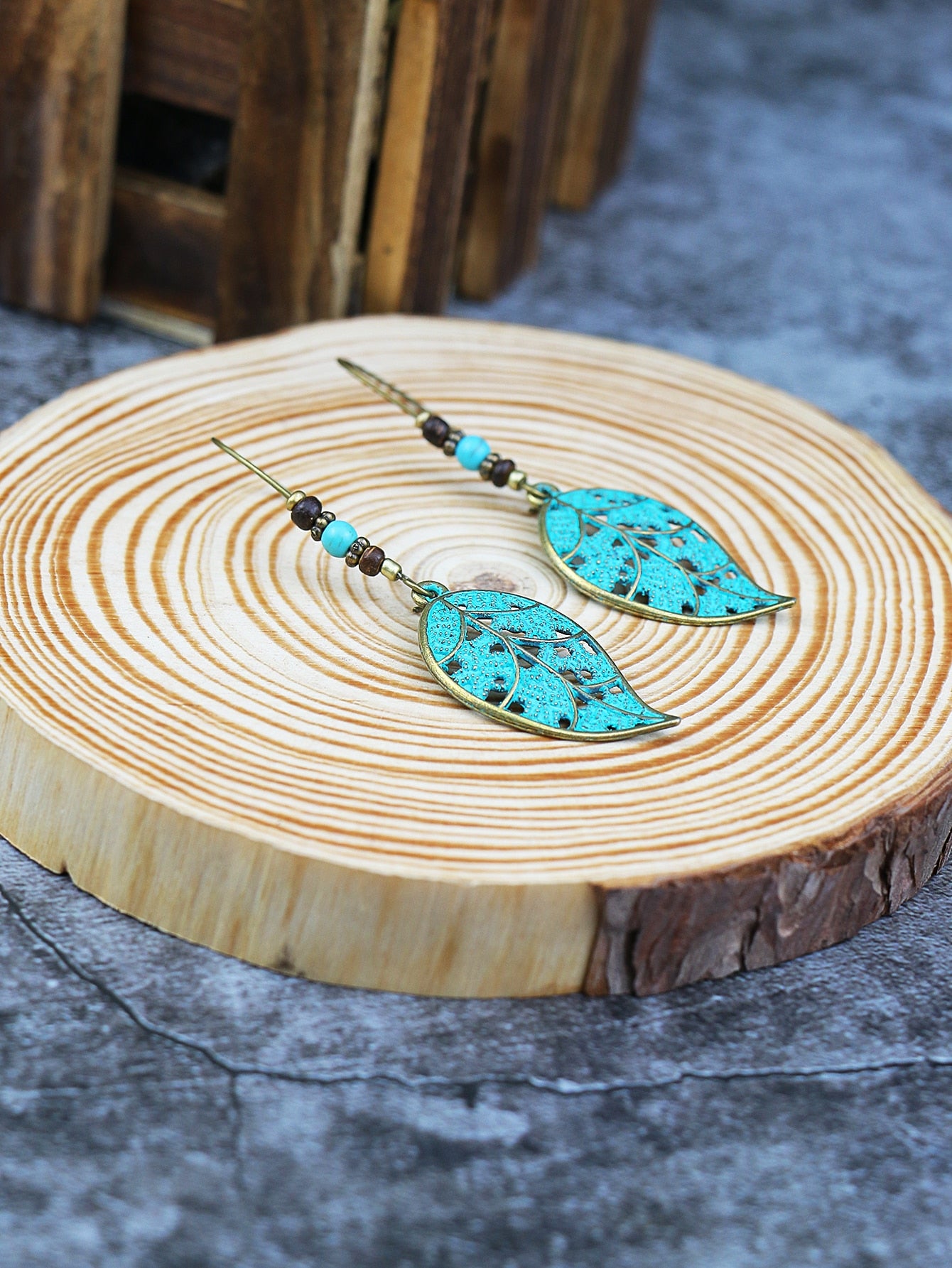 Retro Style Antique Bronze Smeared Blue Leaf Hollow Pendant Large Ear Hook Women's Earrings