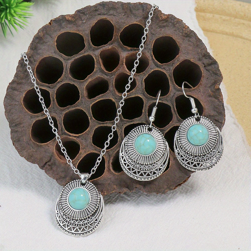 1 Pair Earrings/1 Pair Earrings+1pc Necklace, Retro Ethnic Style Women's Jewelry Set Round Antique Silvery Pendant Geometric Totem Inlaid With Simulated Green Rhinestones Embellished Earrings And Necklace Set