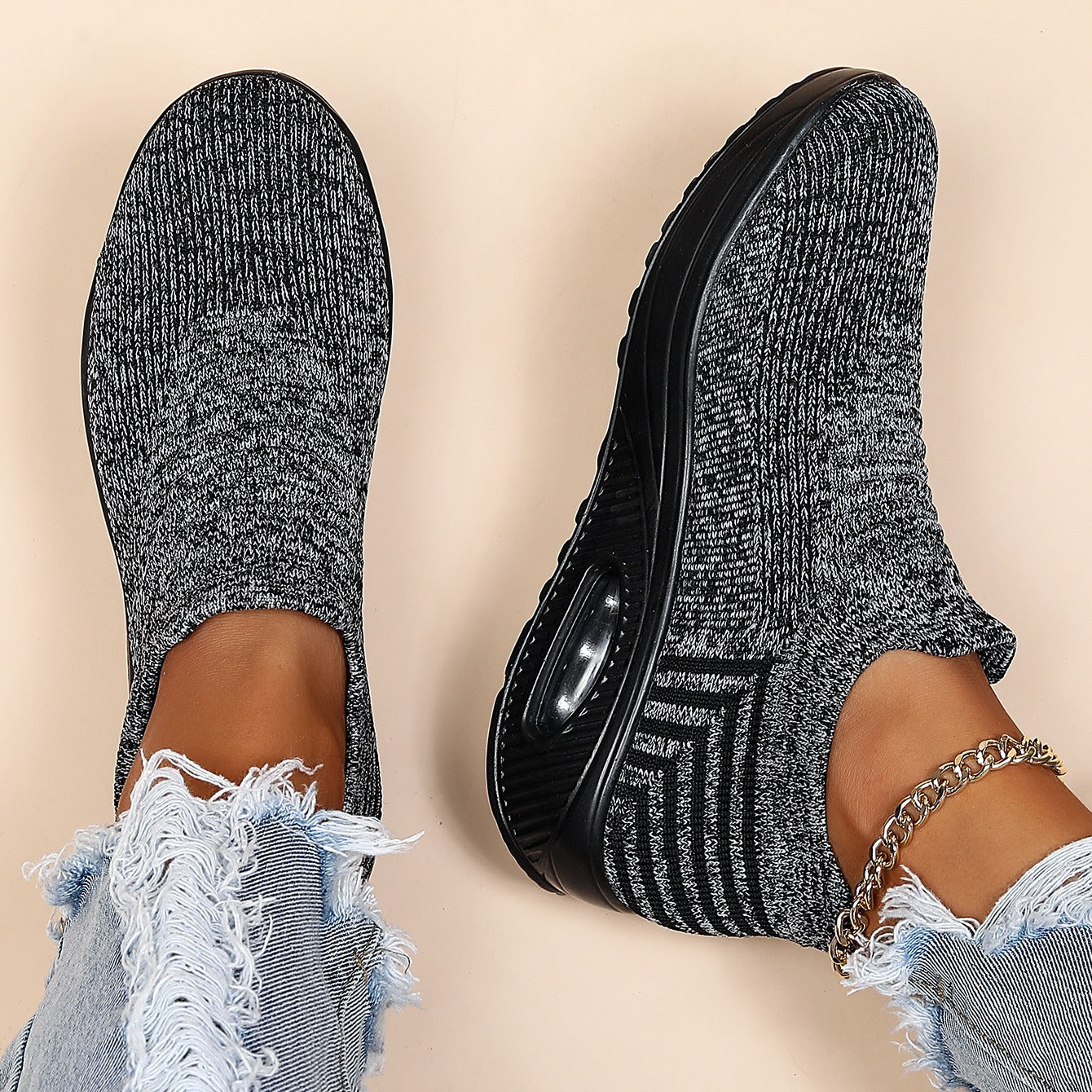 Women's Air Cushion Sneakers, Breathable Round Closed Toe Low Top Slip On Shoes, Women's Casual Knitted Shoes
