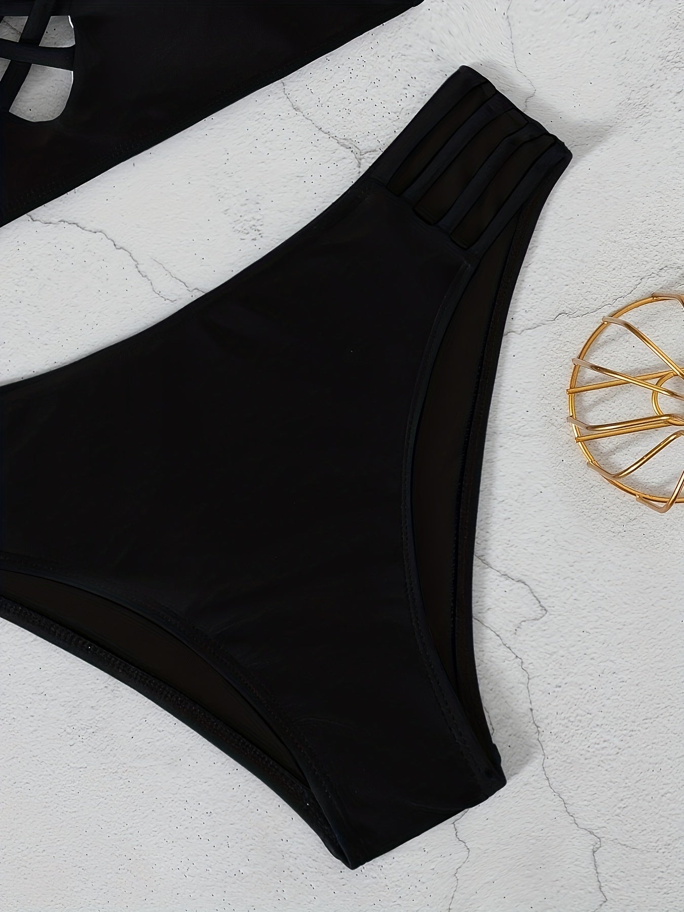Chic Black Hollow Out Bikini Set - Flattering Criss Cross Front, Adjustable Spaghetti Straps, High Waist Buckled Design - 2 Pieces Womens Swimwear for Beach & Pool