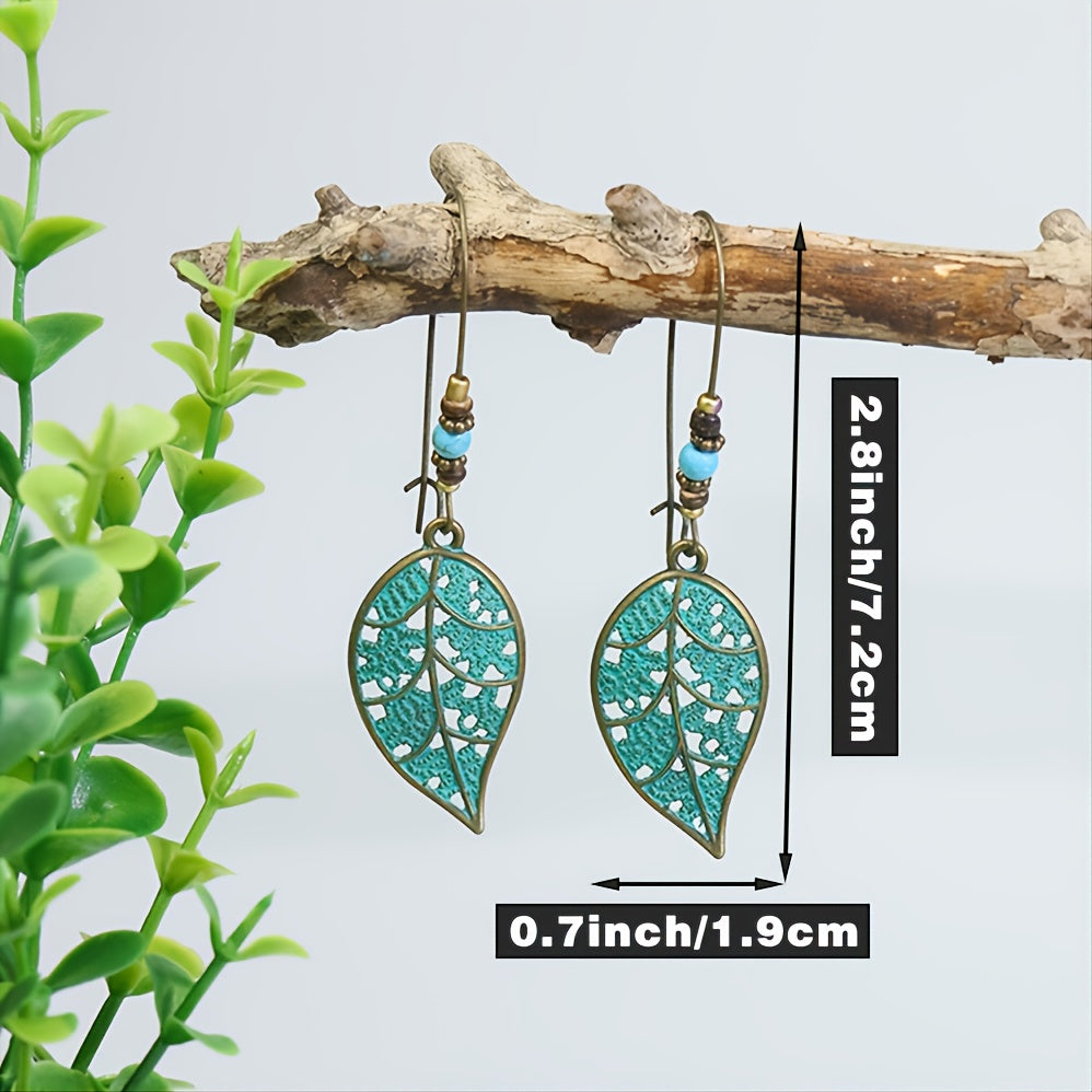 Retro Style Antique Bronze Smeared Blue Leaf Hollow Pendant Large Ear Hook Women's Earrings