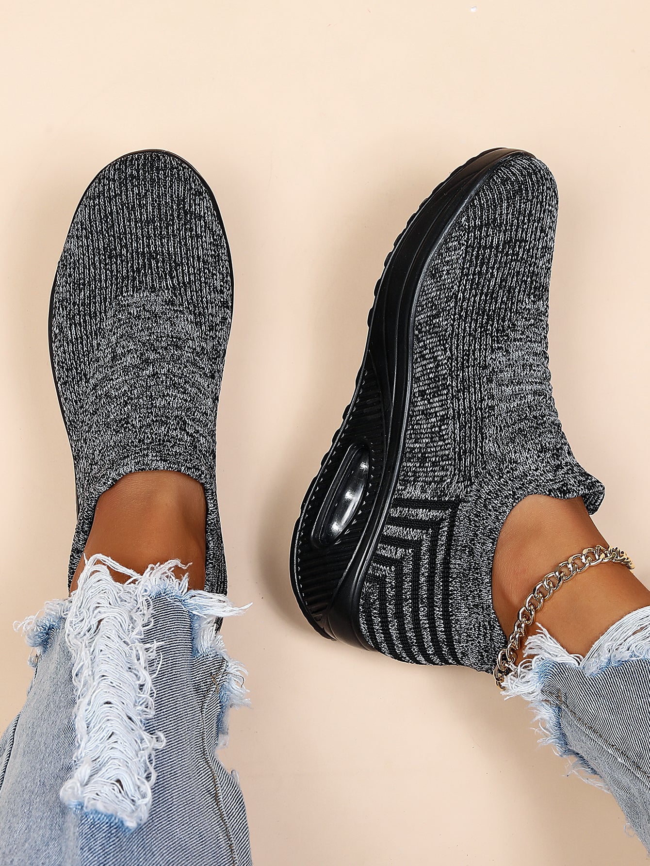 Women's Air Cushion Sneakers, Breathable Round Closed Toe Low Top Slip On Shoes, Women's Casual Knitted Shoes