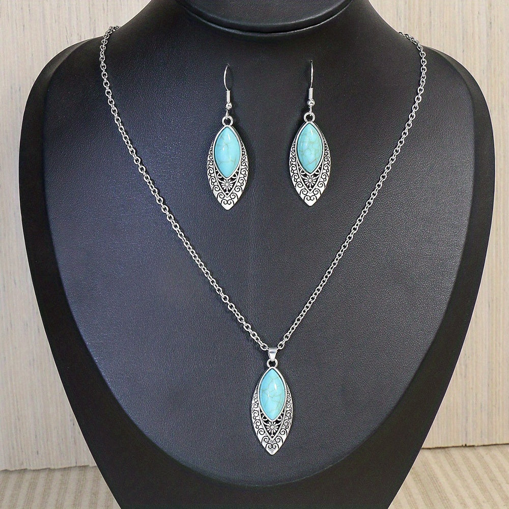 1 Pair Earrings/1 Pair Earrings+1pc Necklace, Retro Ethnic Style Women's Jewelry Set Round Antique Silvery Pendant Geometric Totem Inlaid With Simulated Green Rhinestones Embellished Earrings And Necklace Set