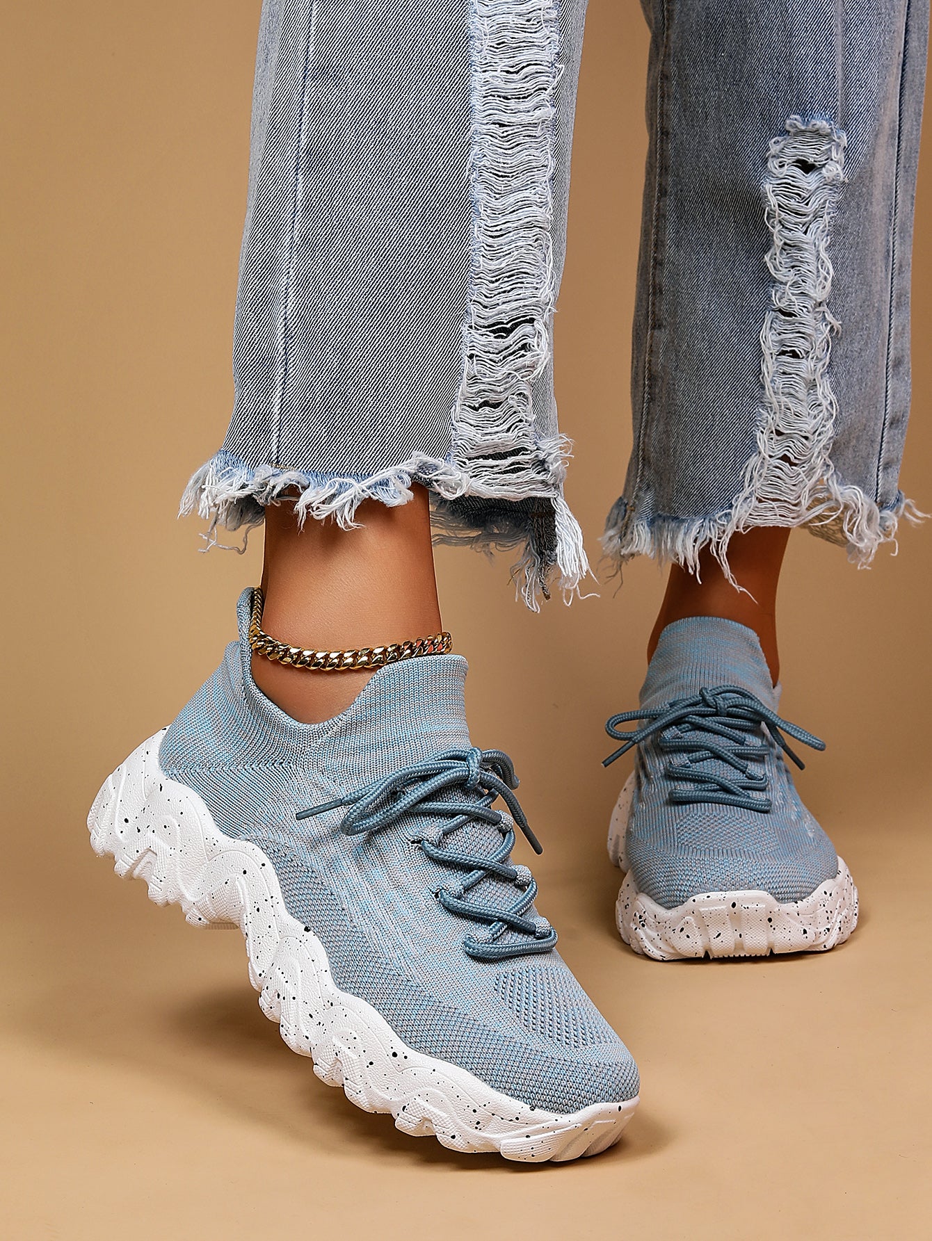 [Breathable Fabric Women's Socks Sneakers] Women's Breathable Fabric Socks Sneakers, Flying Woven Lace-Up Chunky Sneakers, Elastic Running Shoes