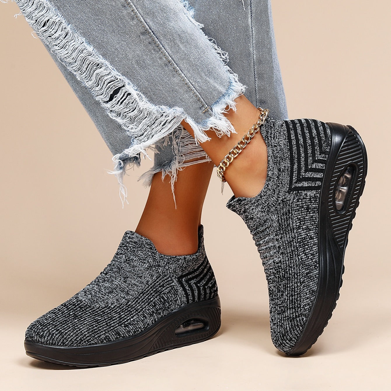 Women's Air Cushion Sneakers, Breathable Round Closed Toe Low Top Slip On Shoes, Women's Casual Knitted Shoes