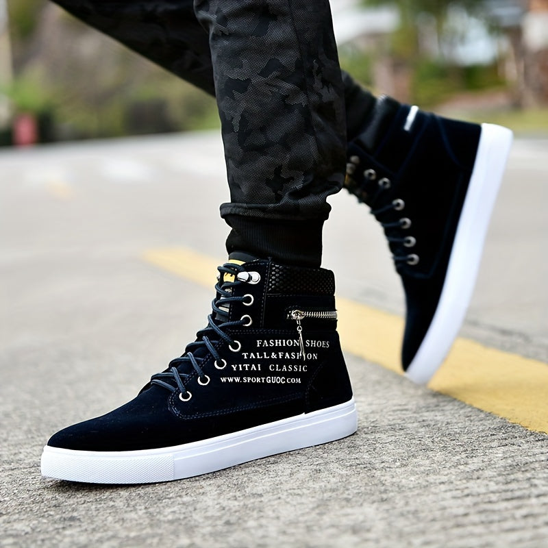 Mens British Style Canvas High-top Sneakers - Lace-up Closure, Casual All-Match, Trendy Design with Decorative Zippers