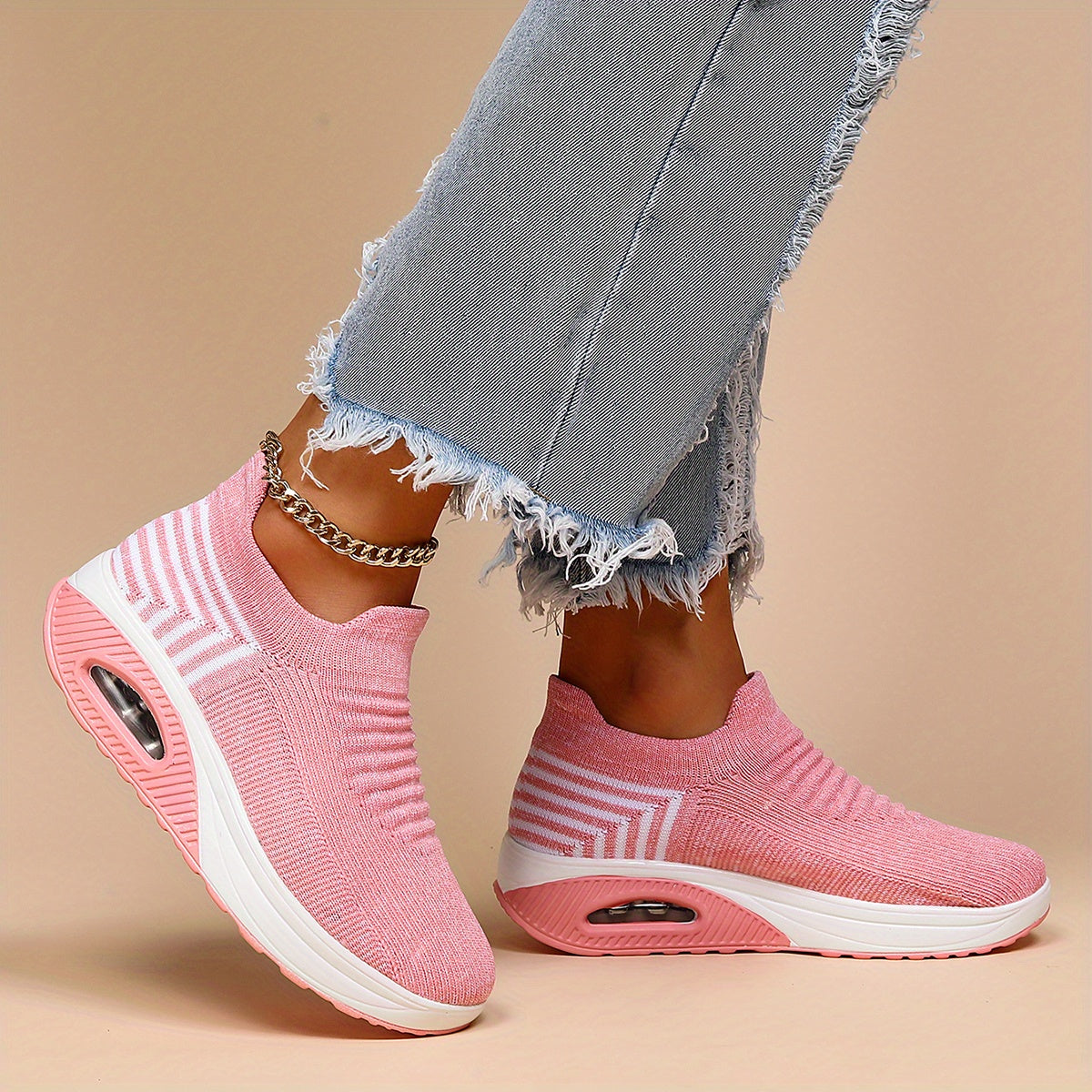Women's Air Cushion Sneakers, Breathable Round Closed Toe Low Top Slip On Shoes, Women's Casual Knitted Shoes