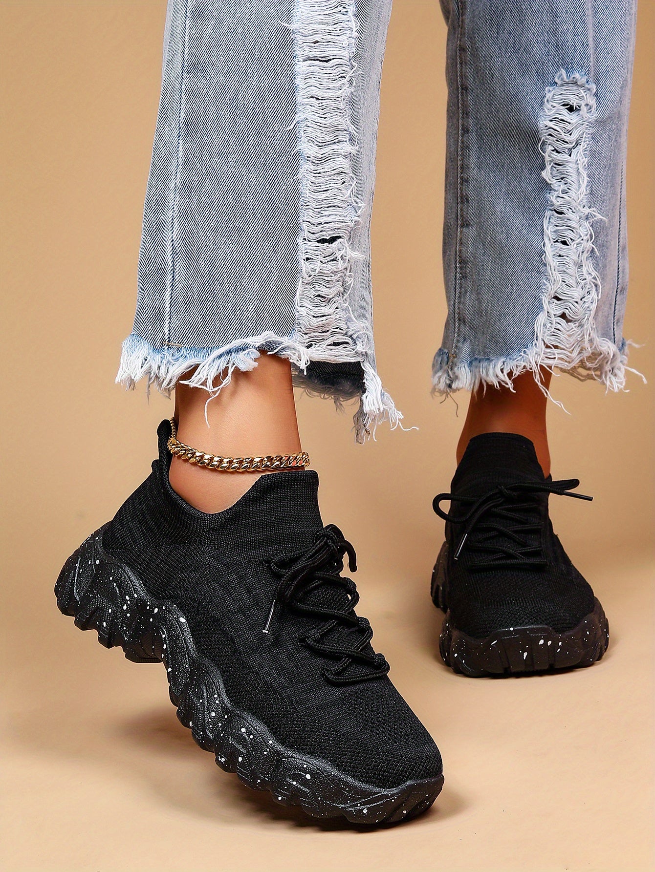 [Breathable Fabric Women's Socks Sneakers] Women's Breathable Fabric Socks Sneakers, Flying Woven Lace-Up Chunky Sneakers, Elastic Running Shoes