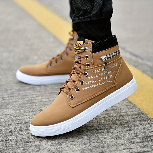 Mens British Style Canvas High-top Sneakers - Lace-up Closure, Casual All-Match, Trendy Design with Decorative Zippers