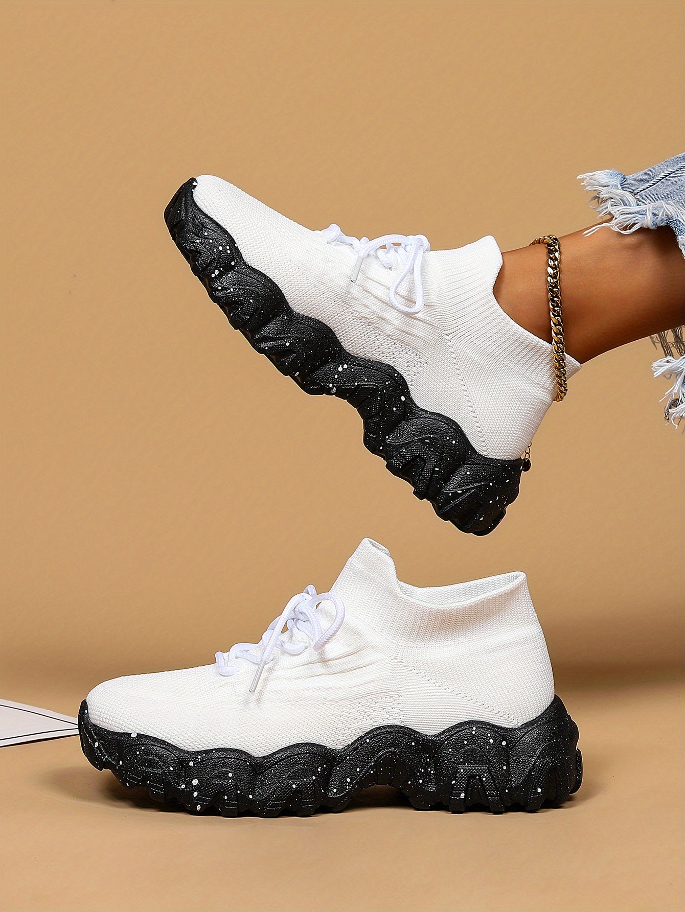 [Breathable Fabric Women's Socks Sneakers] Women's Breathable Fabric Socks Sneakers, Flying Woven Lace-Up Chunky Sneakers, Elastic Running Shoes