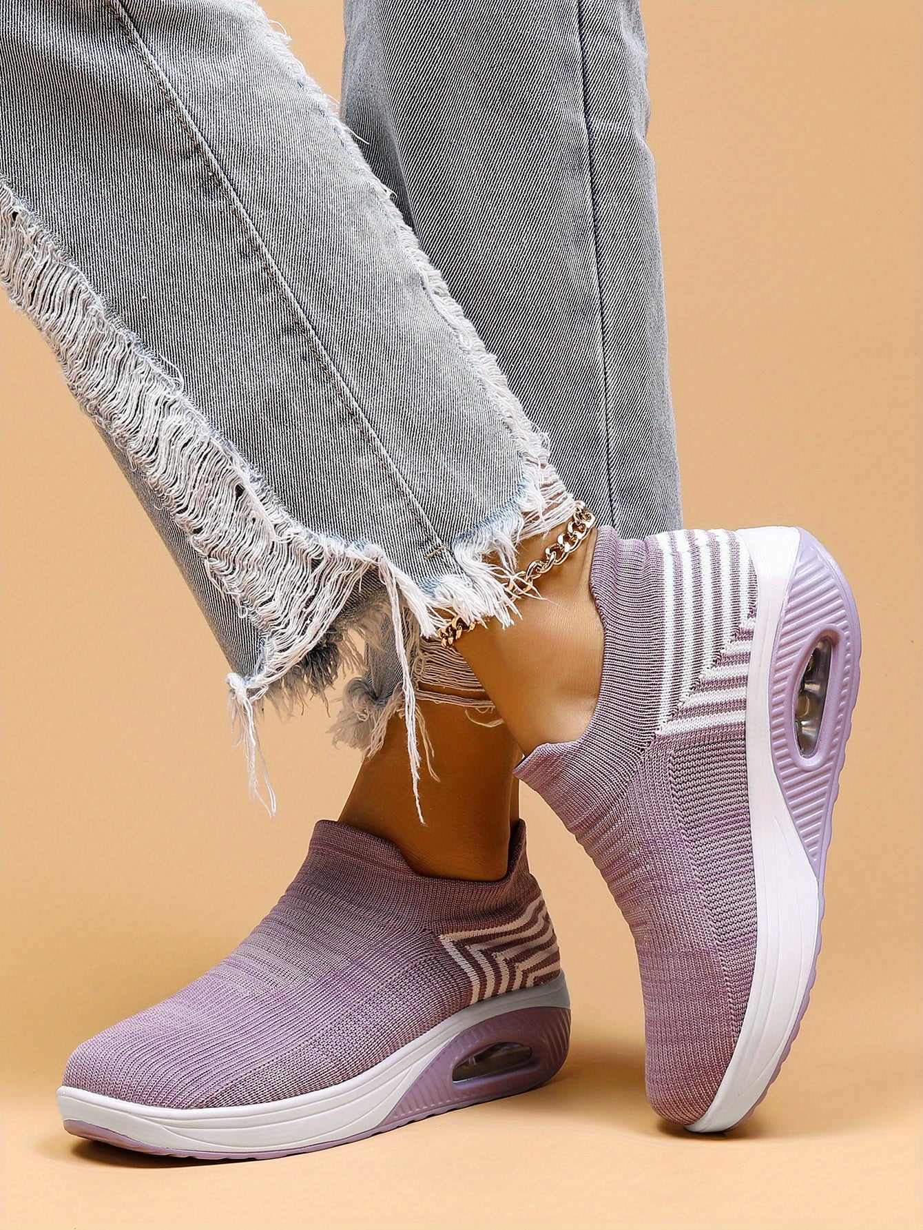 Women's Air Cushion Sneakers, Breathable Round Closed Toe Low Top Slip On Shoes, Women's Casual Knitted Shoes