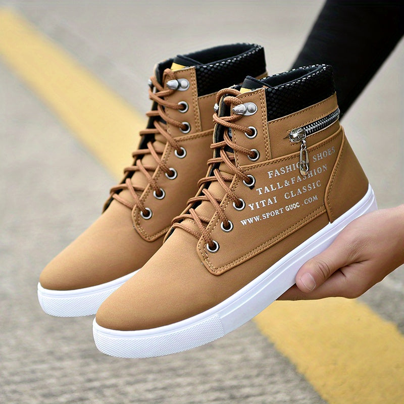 Mens British Style Canvas High-top Sneakers - Lace-up Closure, Casual All-Match, Trendy Design with Decorative Zippers