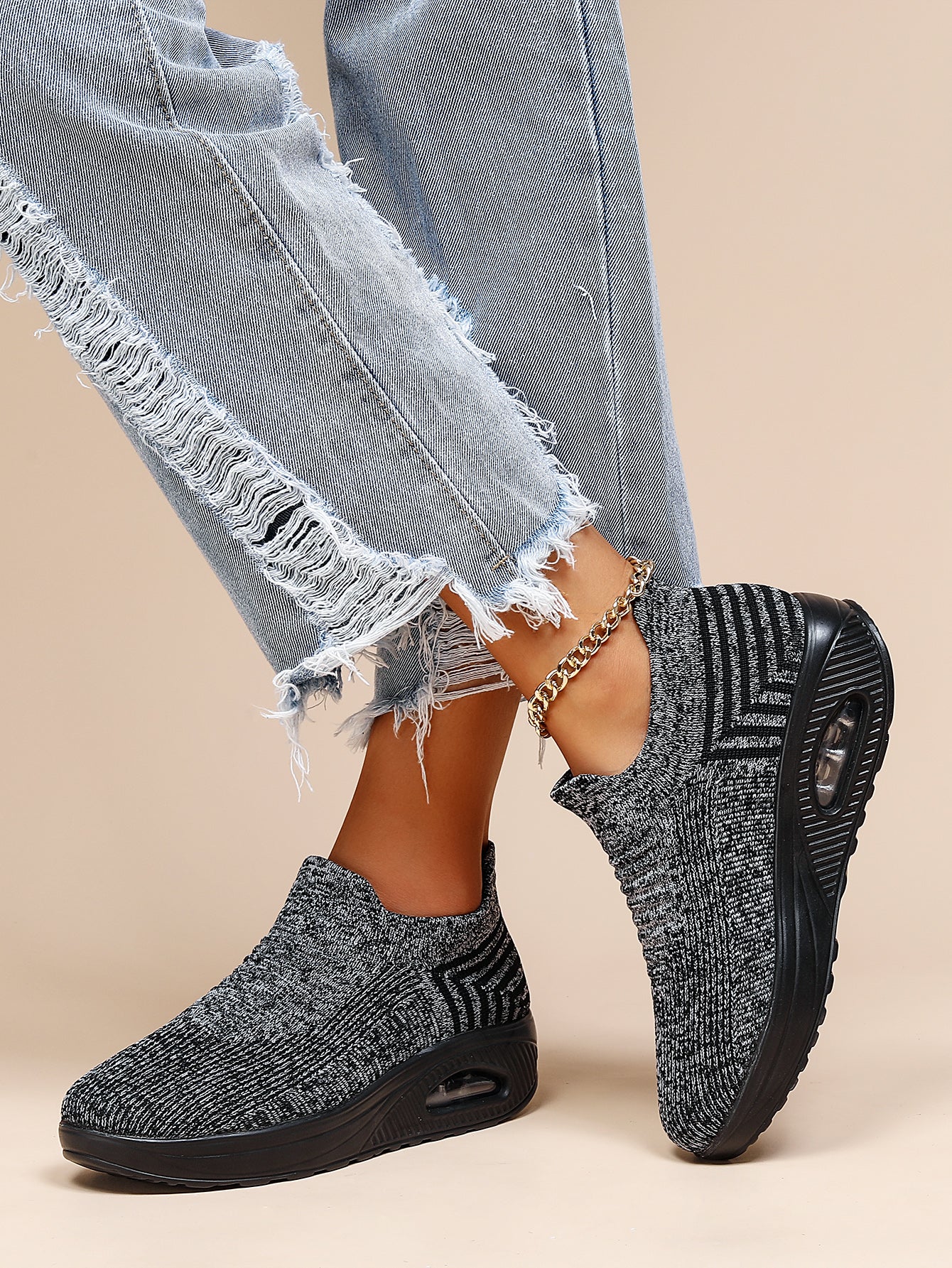 Women's Air Cushion Sneakers, Breathable Round Closed Toe Low Top Slip On Shoes, Women's Casual Knitted Shoes