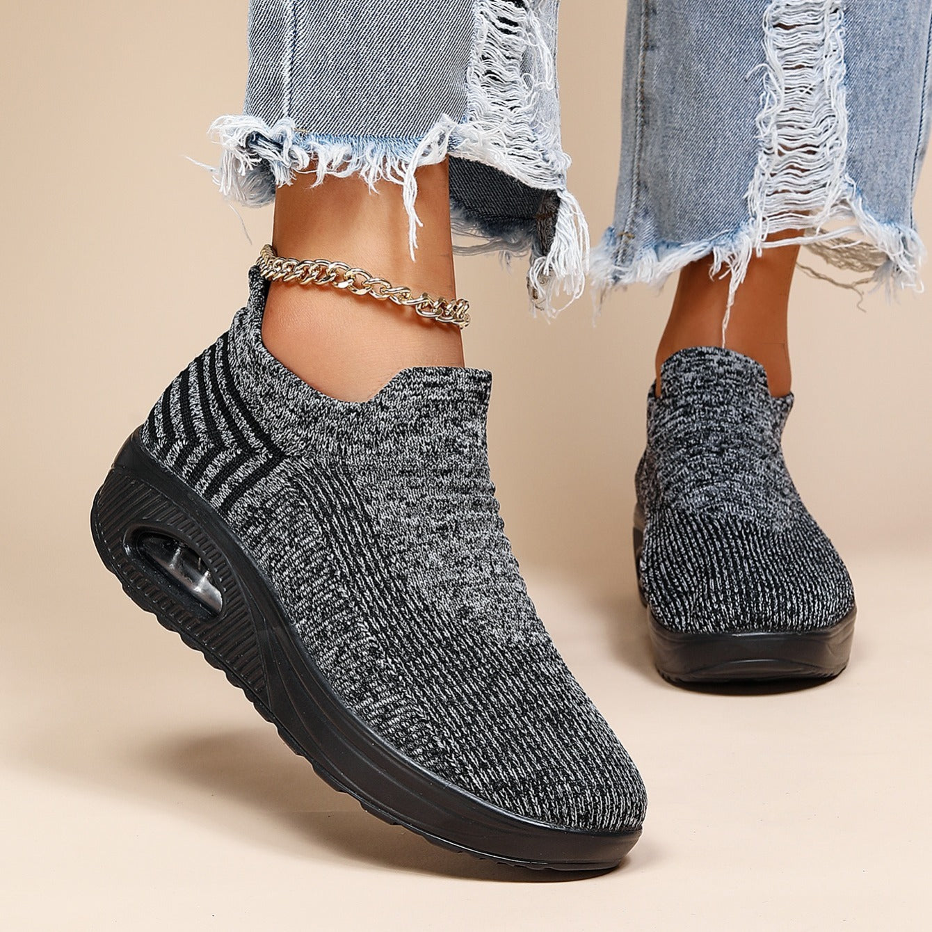 Women's Air Cushion Sneakers, Breathable Round Closed Toe Low Top Slip On Shoes, Women's Casual Knitted Shoes