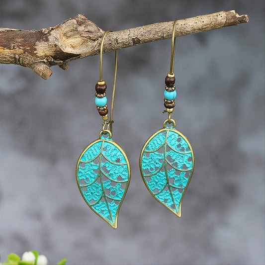 Retro Style Antique Bronze Smeared Blue Leaf Hollow Pendant Large Ear Hook Women's Earrings