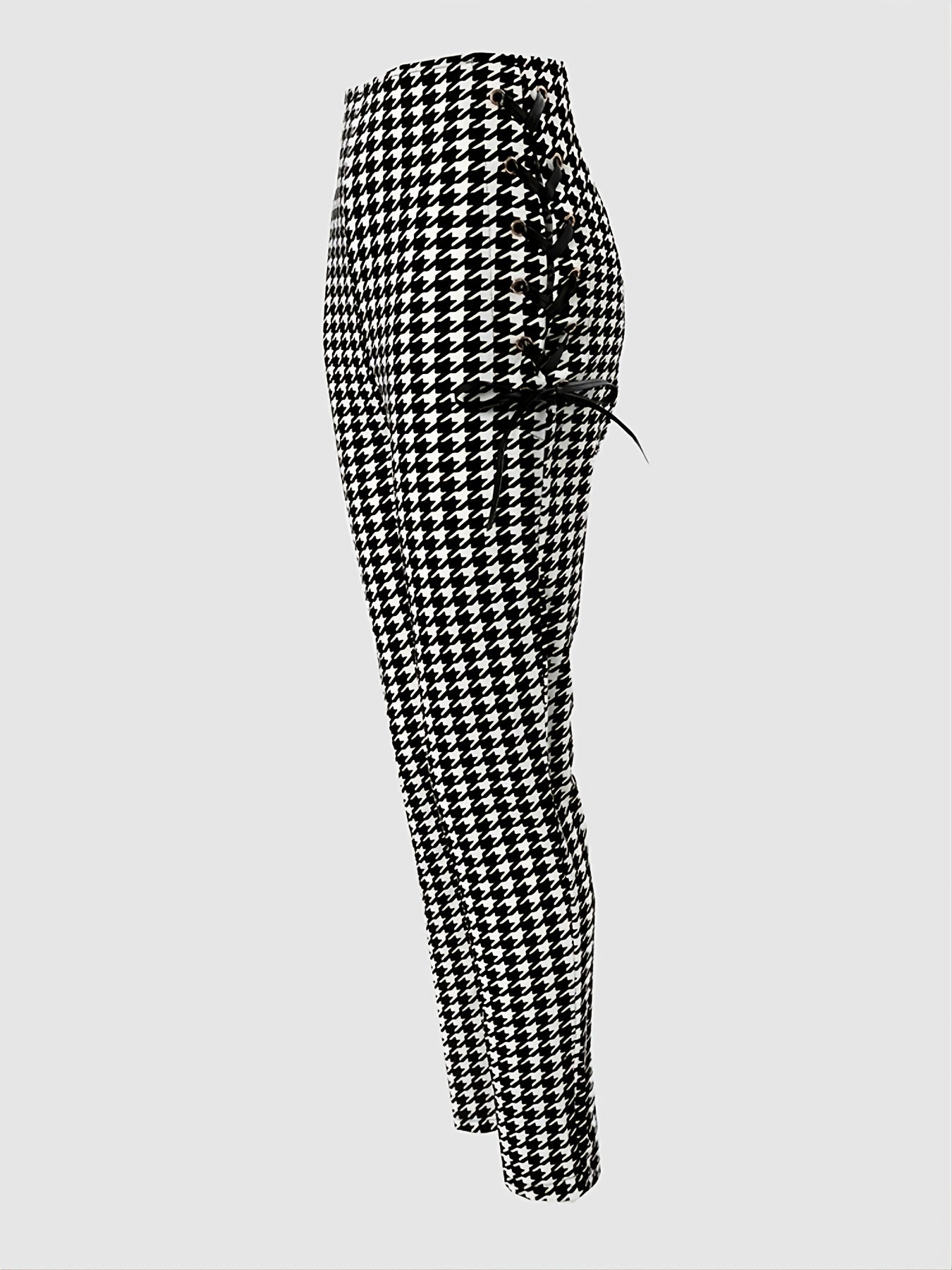 Houndstooth Skinny Leggings Pants, Side Lace Up High Waist Stretchy Pants, Casual Every Day Pants, Women's Clothing