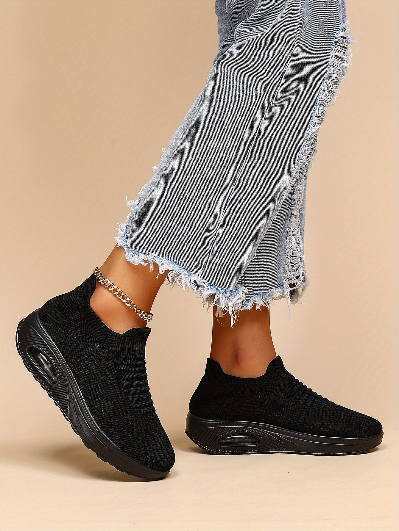Women's Air Cushion Sneakers, Breathable Round Closed Toe Low Top Slip On Shoes, Women's Casual Knitted Shoes
