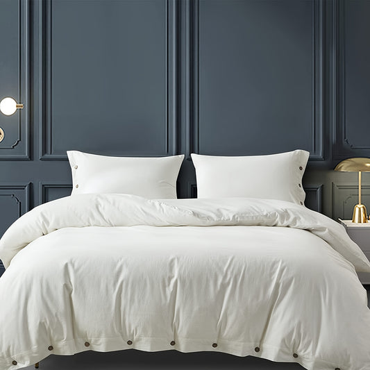 Soft and Durable Modern White Duvet Cover Set with Coconut Button Closure and Corner Strings for Queen/King Beds