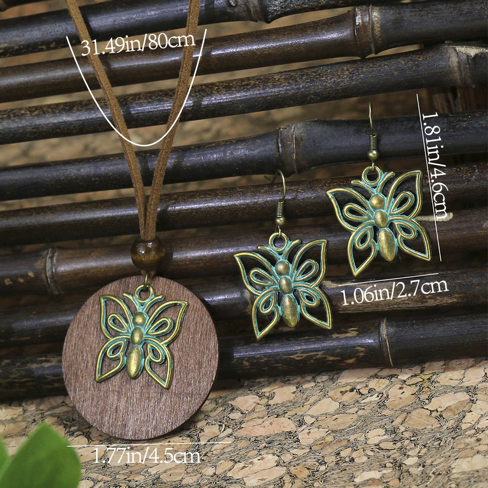3pack Ancient Folk Wooden Round Plus Geometric Ancient Copper Layered Charm Earrings Necklace Set