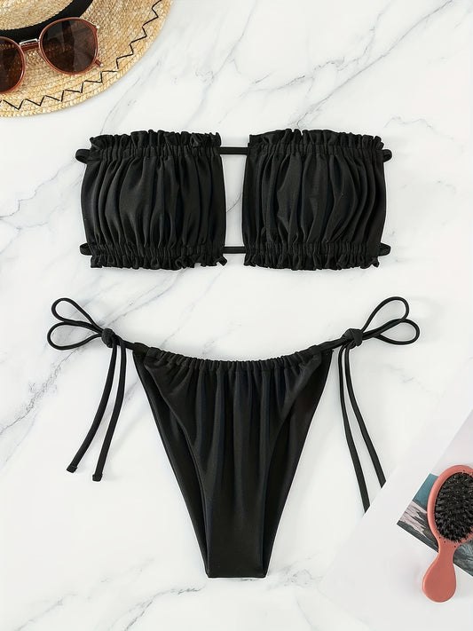 Chic Adjustable Ruched Bra Top Bikini Set - Secure Double Drawstring Bandeau with Trendy Tie Side - Ultra-Flattering High Cut Two-Piece Swimsuit for Women