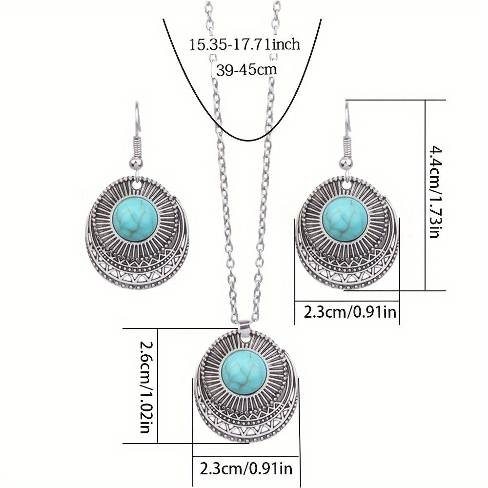 1 Pair Earrings/1 Pair Earrings+1pc Necklace, Retro Ethnic Style Women's Jewelry Set Round Antique Silvery Pendant Geometric Totem Inlaid With Simulated Green Rhinestones Embellished Earrings And Necklace Set