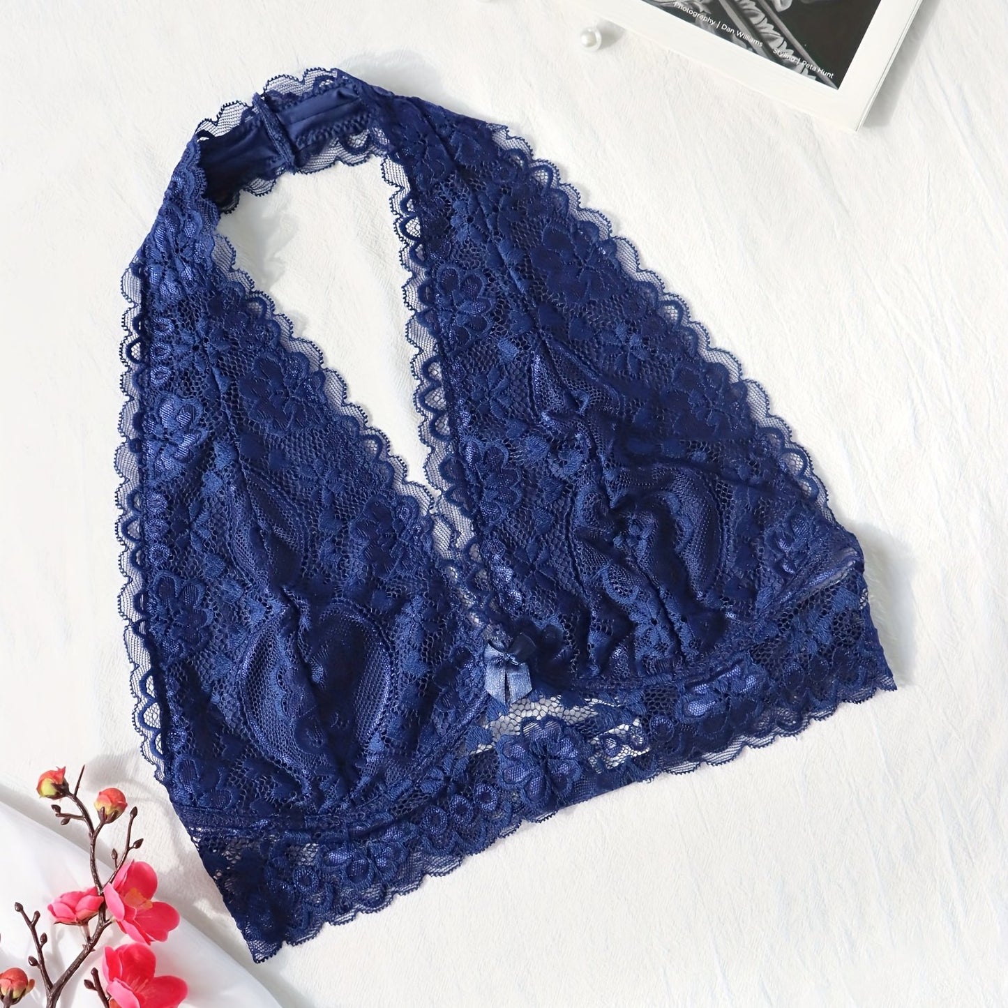 Floral Lace Halter Bralette For Women, Wireless Bra Lingerie With Removable Padded Halter Crop Top