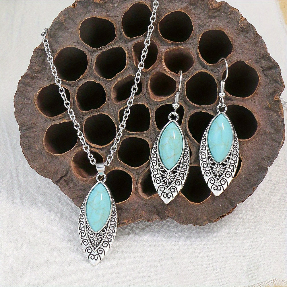 1 Pair Earrings/1 Pair Earrings+1pc Necklace, Retro Ethnic Style Women's Jewelry Set Round Antique Silvery Pendant Geometric Totem Inlaid With Simulated Green Rhinestones Embellished Earrings And Necklace Set