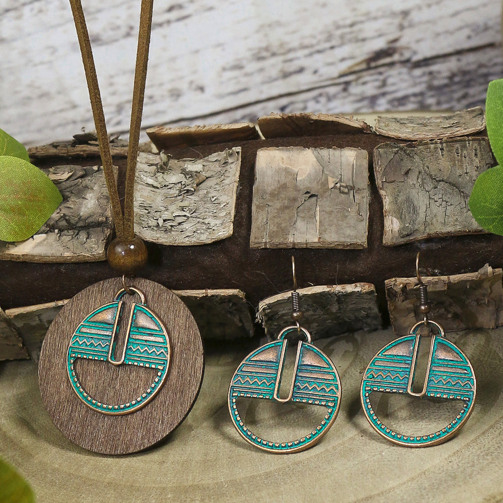 3pack Ancient Folk Wooden Round Plus Geometric Ancient Copper Layered Charm Earrings Necklace Set