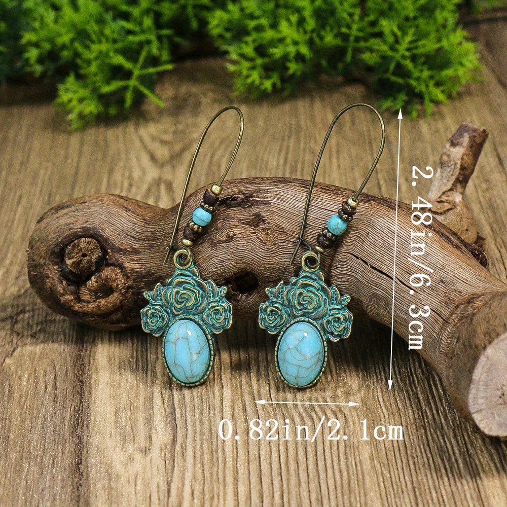 Retro Style Antique Bronze Smeared Blue Leaf Hollow Pendant Large Ear Hook Women's Earrings