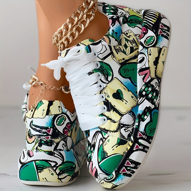 Women's Lace-Up Low-Top Sneakers - Thick Platform Sole for Stability & Height - Non-Slip MD Outsole - Bold Black/Red/White Graffiti Print - Synthetic Leather Upper - Skateboarding, Streetwear, Everyday Shoes - All-Season Wome