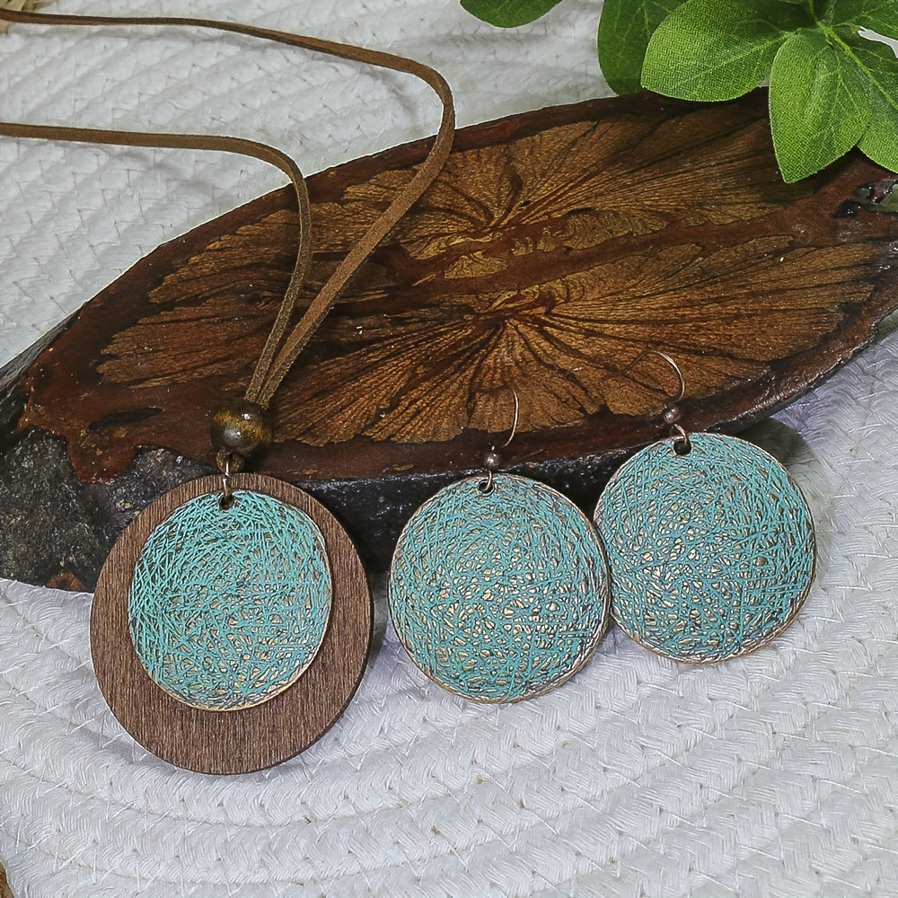 3pack Ancient Folk Wooden Round Plus Geometric Ancient Copper Layered Charm Earrings Necklace Set
