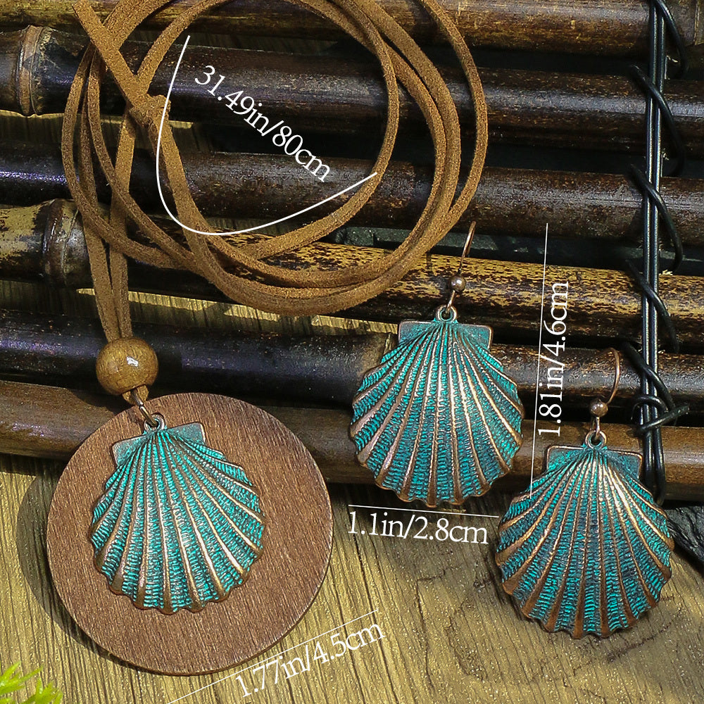 3pack Ancient Folk Wooden Round Plus Geometric Ancient Copper Layered Charm Earrings Necklace Set