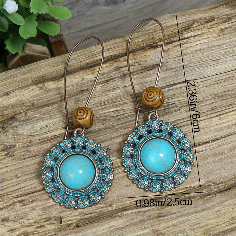 Retro Style Antique Bronze Smeared Blue Leaf Hollow Pendant Large Ear Hook Women's Earrings