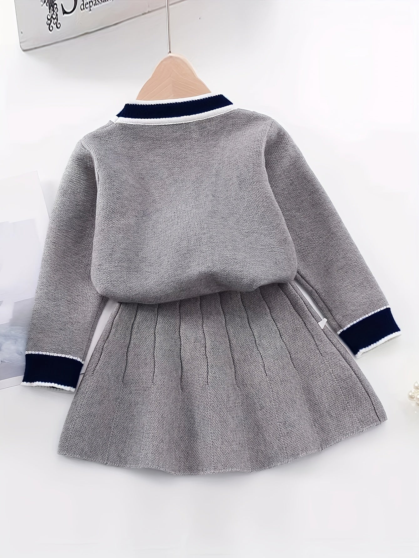Girl's Preppy Style 2pcs, Cable Knit Cardigan & Skirt Set, Button Decor V-neck Long Sleeve Top, Elegant Casual Outfits, Kids Outdoor Clothes For Spring Autumn