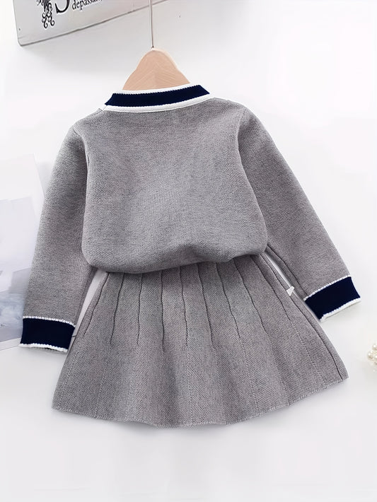 Girl's Preppy Style 2pcs, Cable Knit Cardigan & Skirt Set, Button Decor V-neck Long Sleeve Top, Elegant Casual Outfits, Kids Outdoor Clothes For Spring Autumn