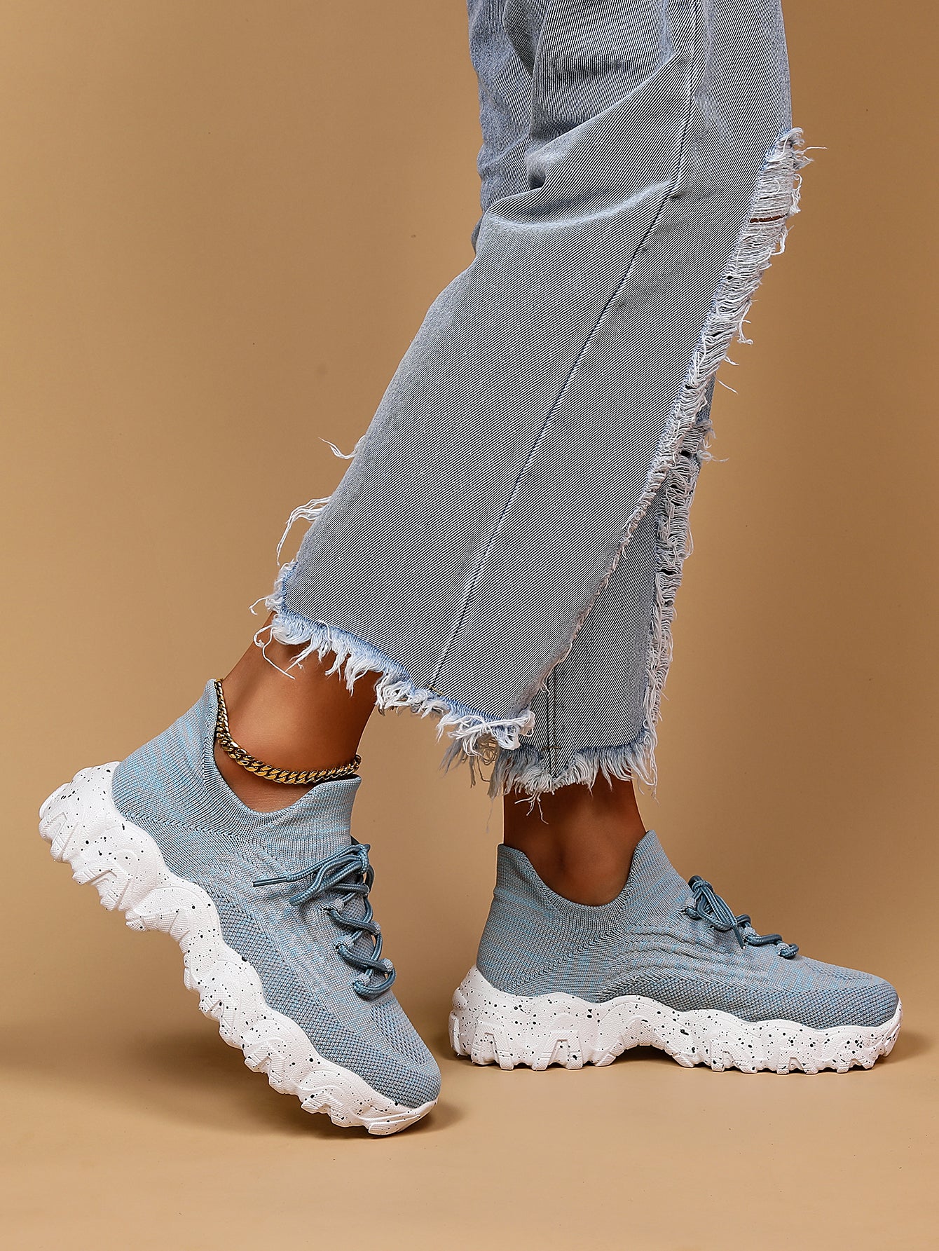 [Breathable Fabric Women's Socks Sneakers] Women's Breathable Fabric Socks Sneakers, Flying Woven Lace-Up Chunky Sneakers, Elastic Running Shoes
