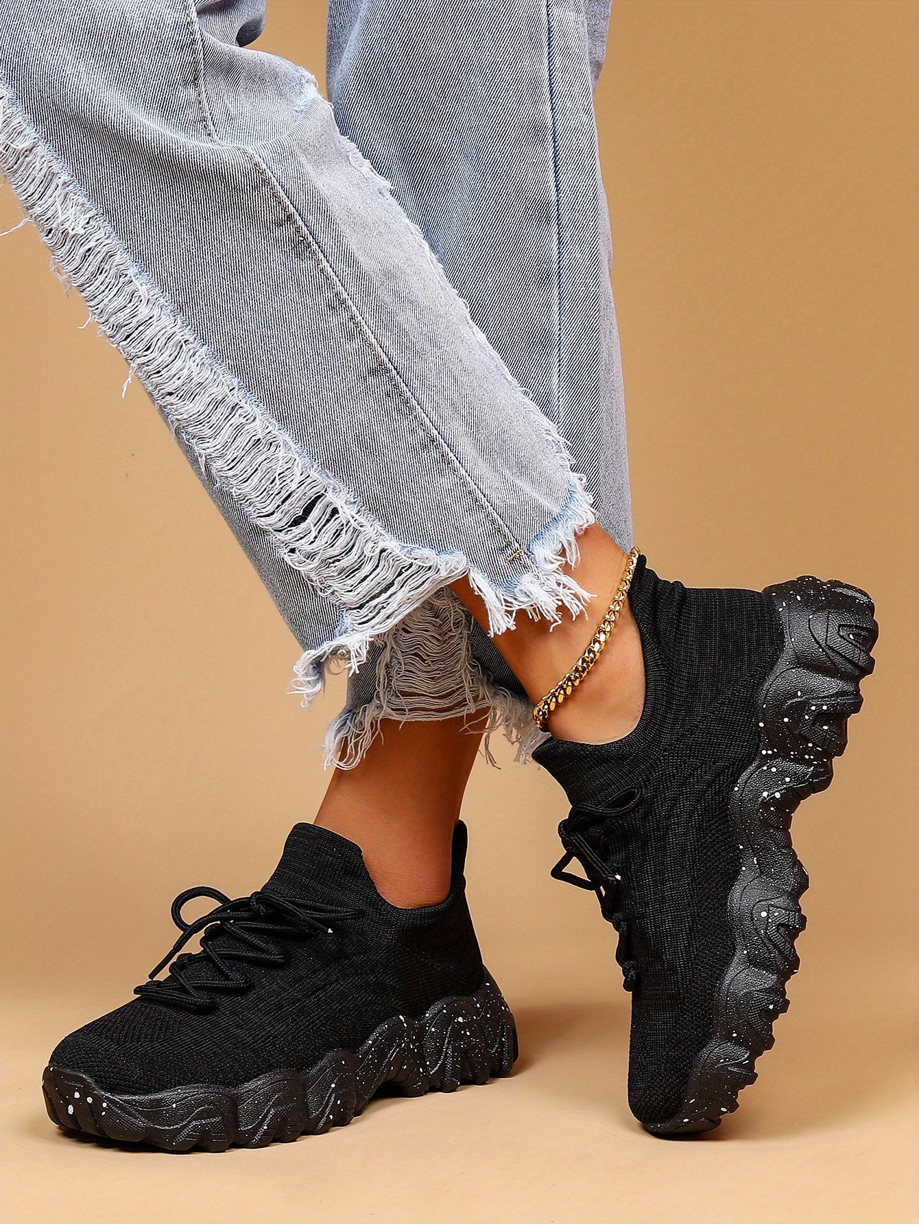 [Breathable Fabric Women's Socks Sneakers] Women's Breathable Fabric Socks Sneakers, Flying Woven Lace-Up Chunky Sneakers, Elastic Running Shoes