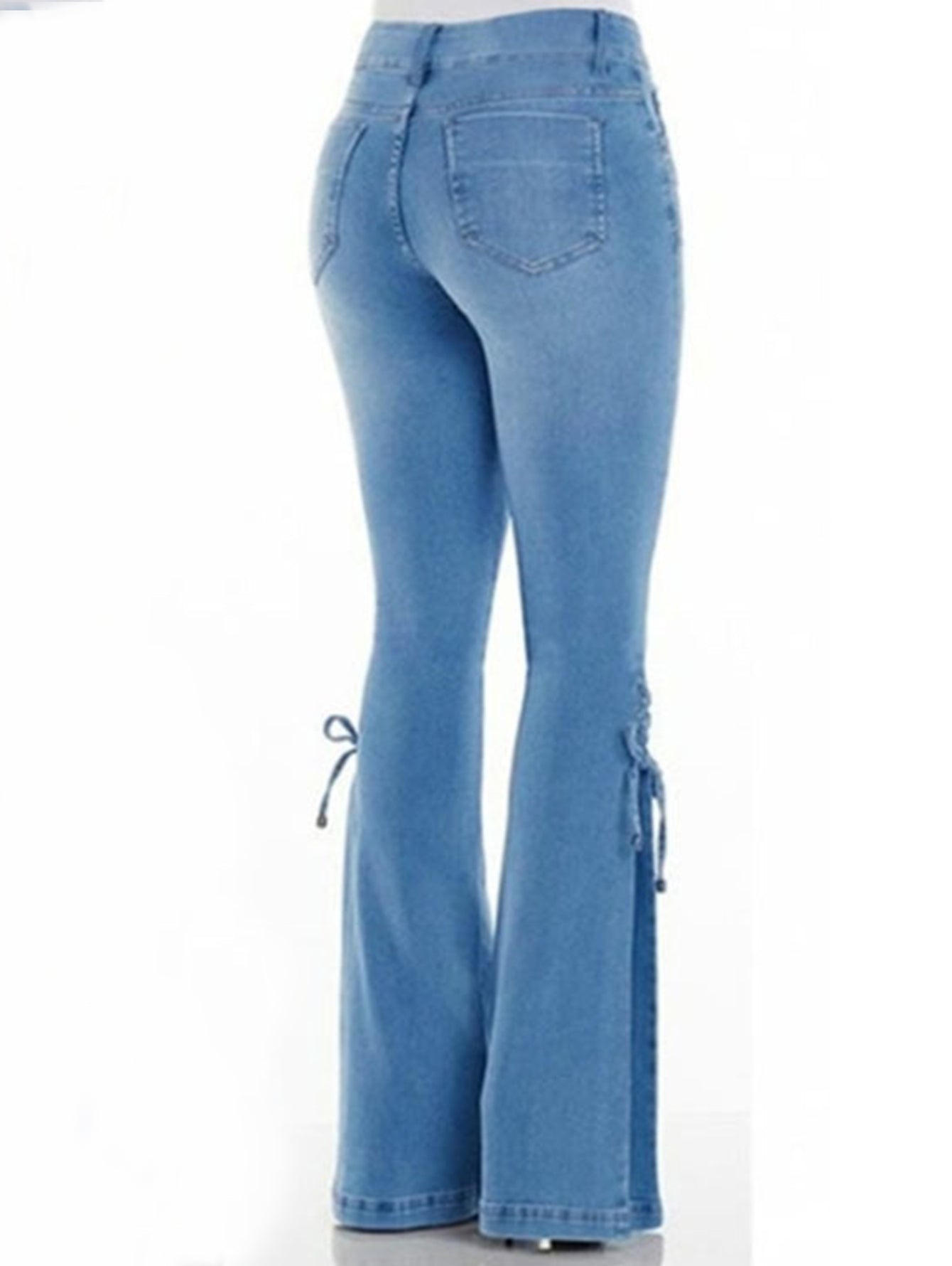 Lace Up Side Bell-Bottom Jeans, Stretchy Mid-Rise Boot Cut Flared Leg Jeans, Women's Denim Jeans, Women's Clothing