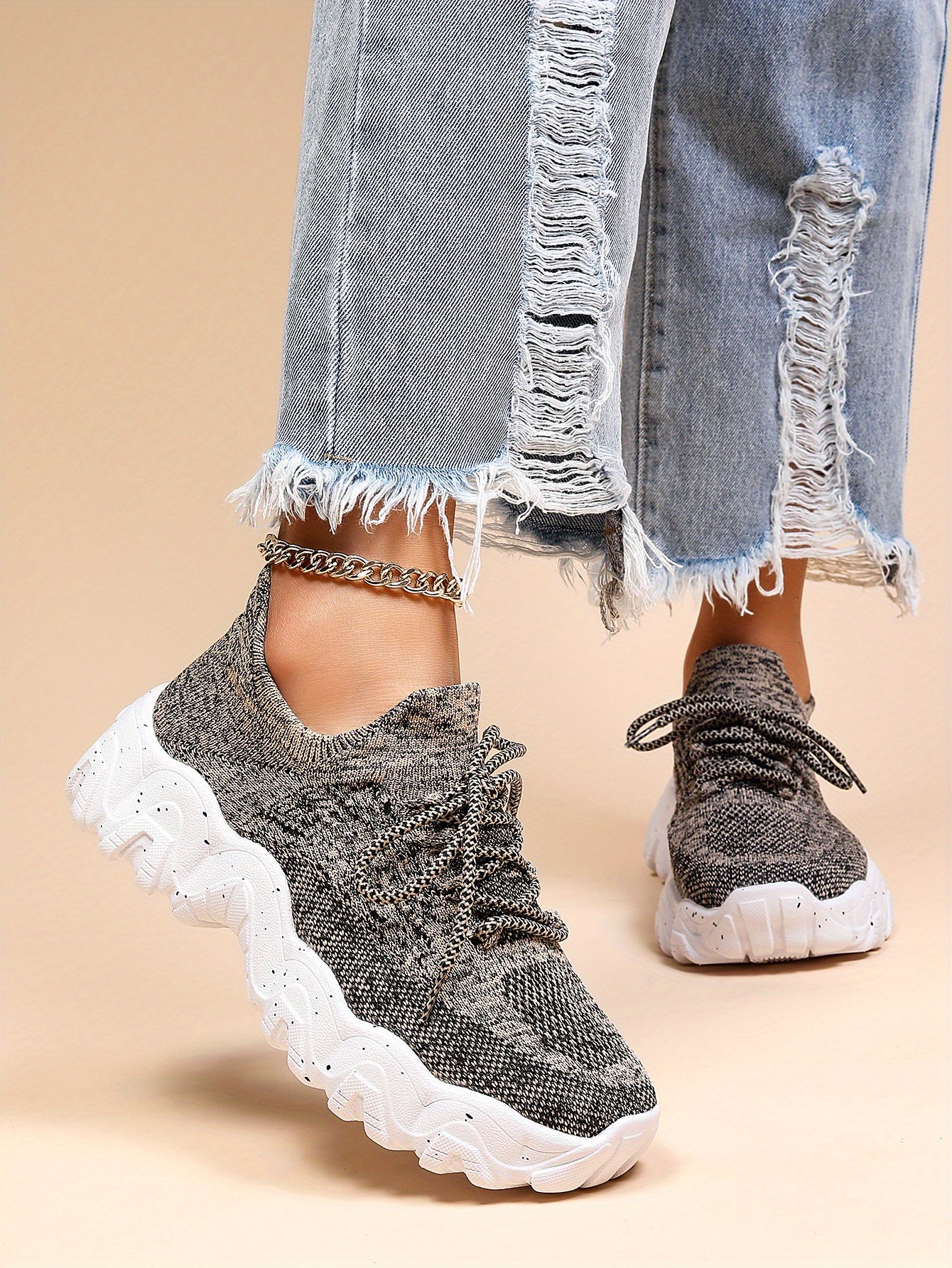 [Breathable Fabric Women's Socks Sneakers] Women's Breathable Fabric Socks Sneakers, Flying Woven Lace-Up Chunky Sneakers, Elastic Running Shoes