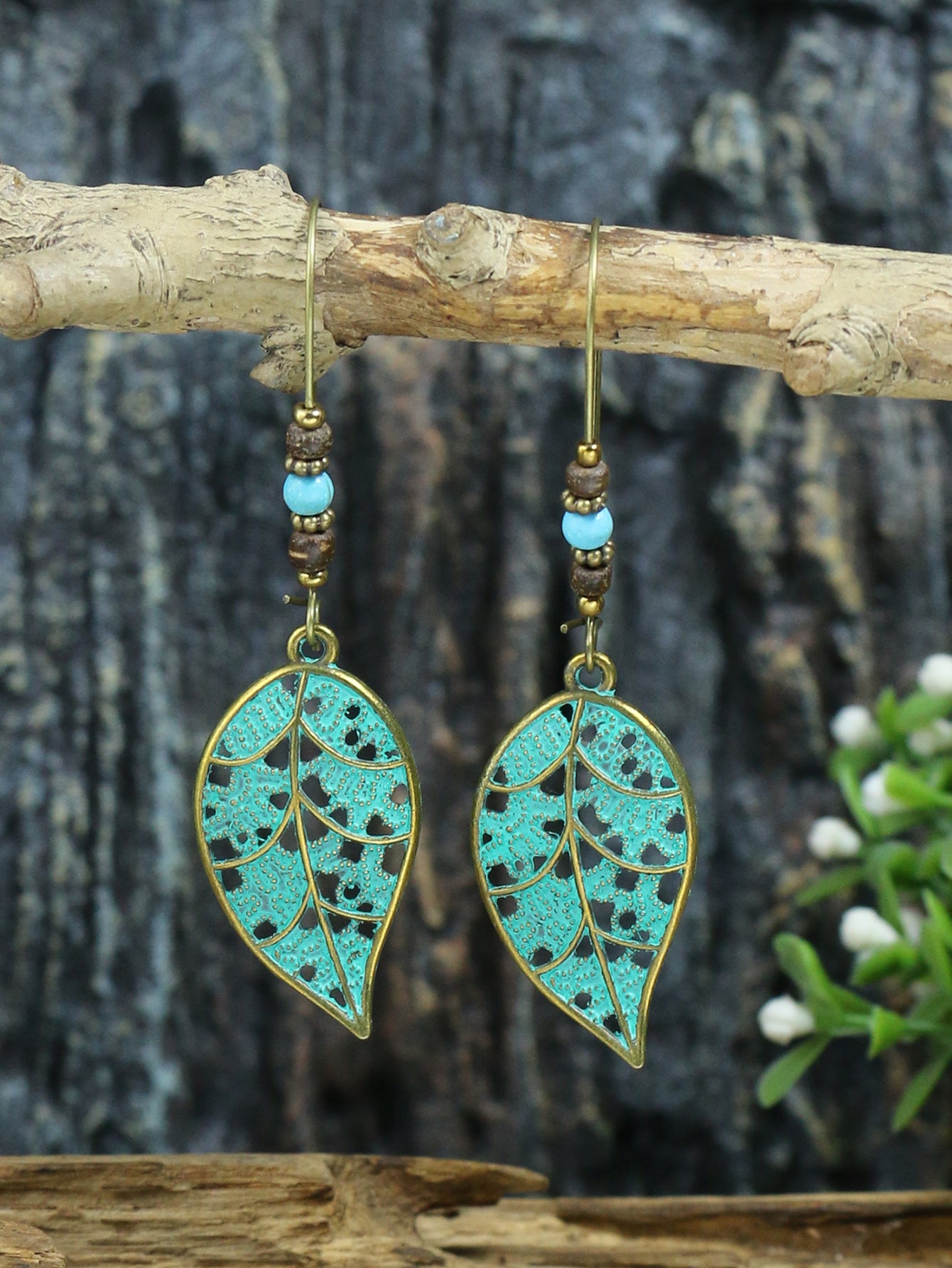 Retro Style Antique Bronze Smeared Blue Leaf Hollow Pendant Large Ear Hook Women's Earrings